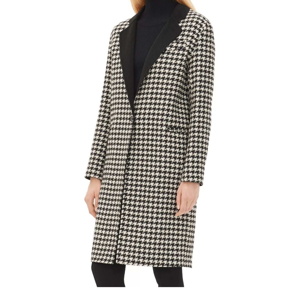 Sandro Womens Houndstooth Wool Coat Size 4 Black White Parisian Long Jacket